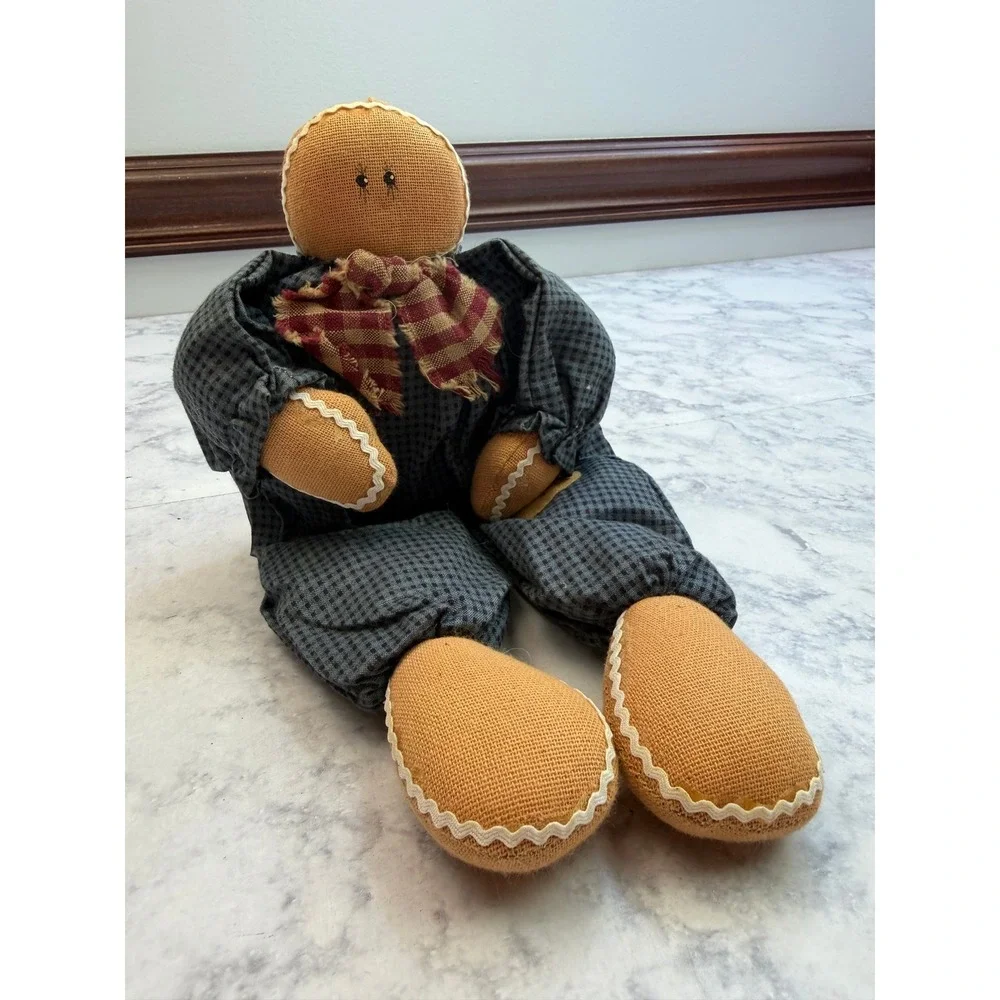 Primitive Gingerbread Man Fabric Doll 11 Inch Rustic Farmhouse Christmas Decor